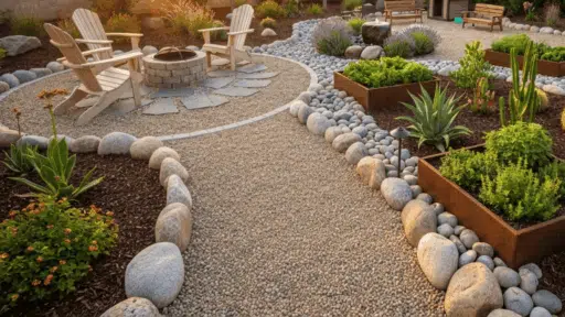 scenic view of a pea gravel walkway winding through a garden, bordered by natural stone edging