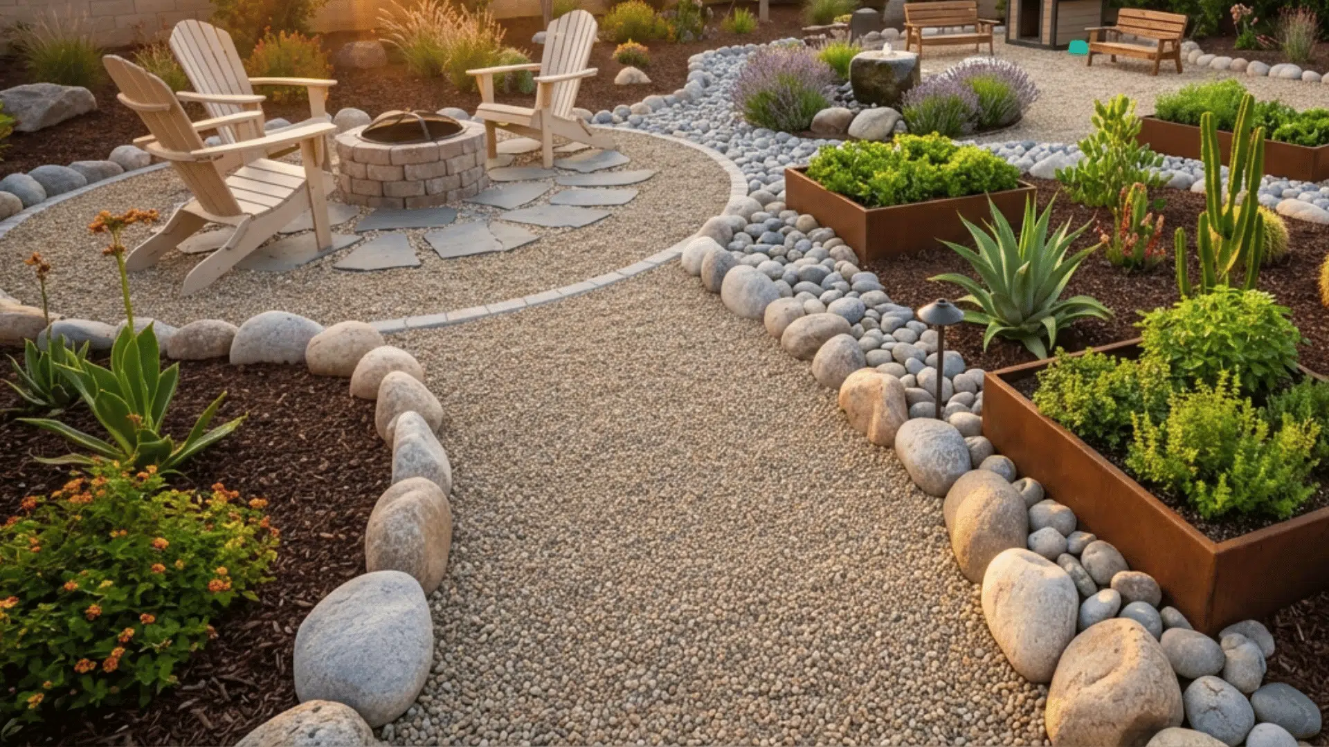 scenic view of a pea gravel walkway winding through a garden, bordered by natural stone edging