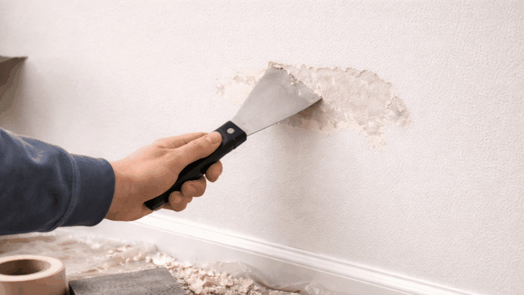 scraping loose paint from damaged wall using putty knife with flakes falling below