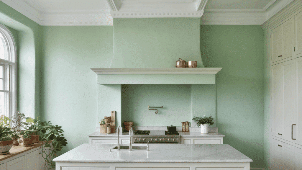 seafoam green kitchen with marble island, large window, and classic range hood.