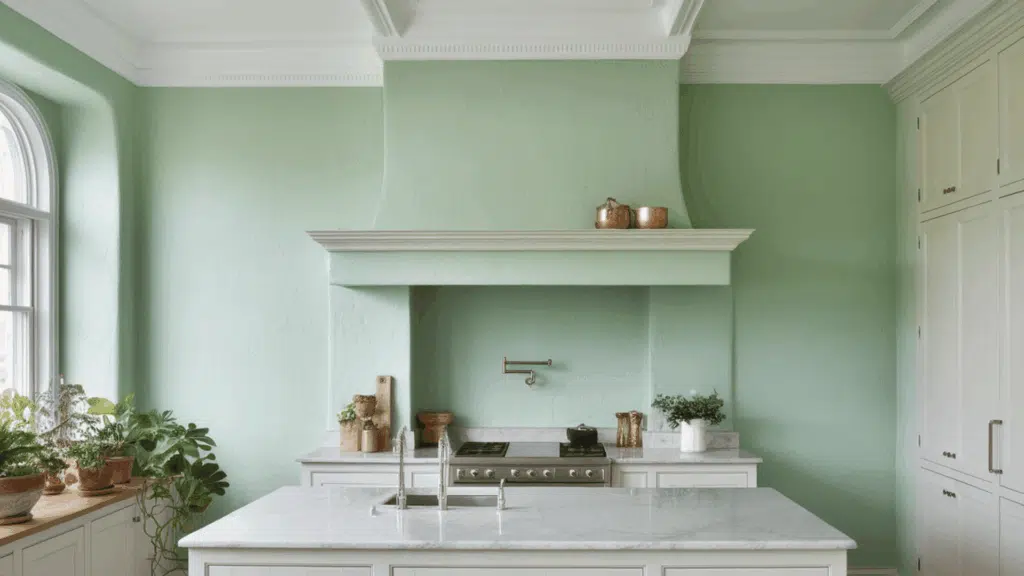 seafoam green kitchen with marble island, large window, and classic range hood.