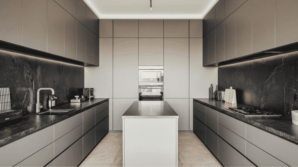 seating. monochrome color scheme in a galley kitchen creating a sleek and cohesive look.