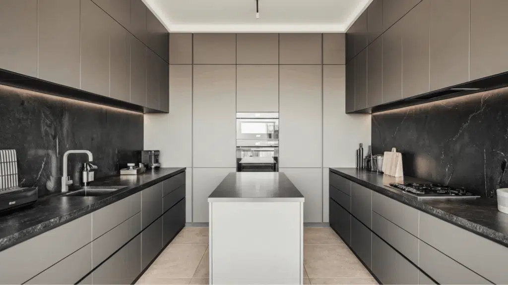 seating. monochrome color scheme in a galley kitchen creating a sleek and cohesive look.