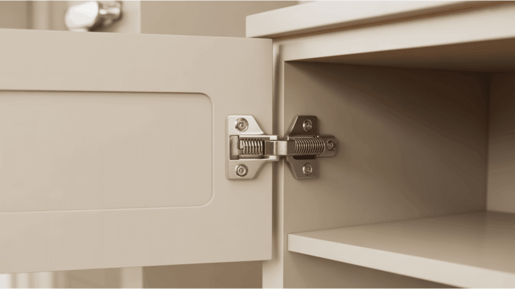 self closing cabinet hinge on an open cream door showing the distinctive coiled spring mechanism and silver mounting plates