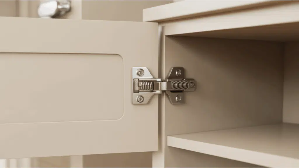 self closing cabinet hinge on an open cream door showing the distinctive coiled spring mechanism and silver mounting plates