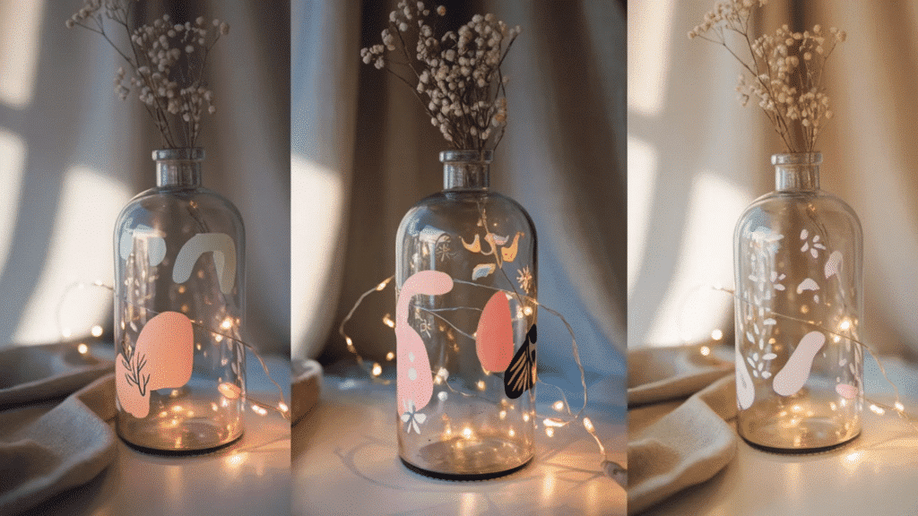 set of decorative glass bottles with hand-painted abstract designs, filled with warm fairy lights and topped with dried flowers, creating a cozy and artistic ambiance