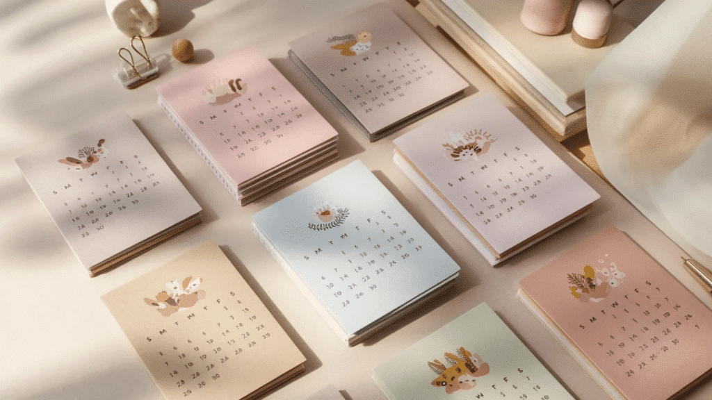 set of handmade calendar cards in soft pastel tones, each featuring a monthly layout