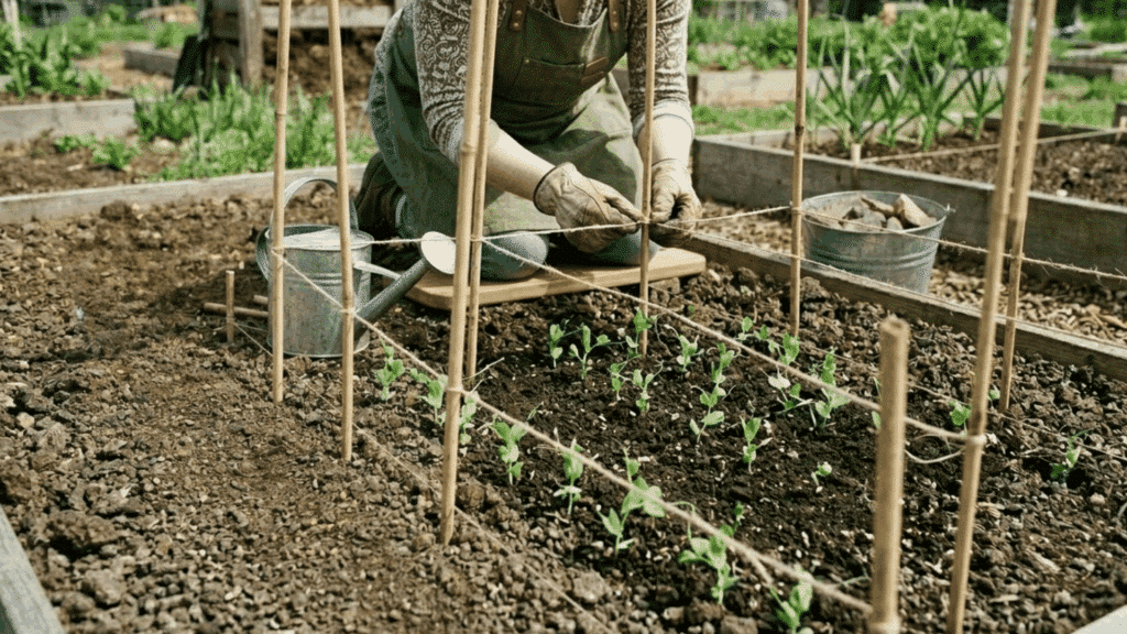 setting up trellis support for young pea plants growing in a raised garden bed.