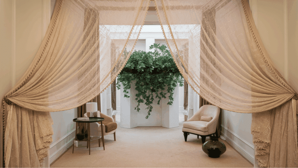 sheer curtains softly diffusing light in a cozy living room or dining area.