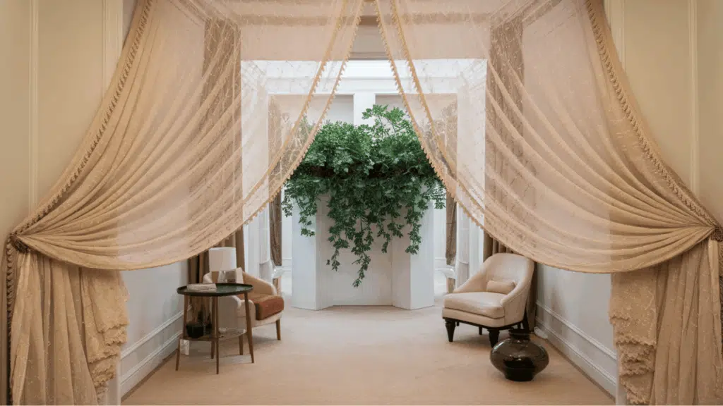sheer curtains softly diffusing light in a cozy living room or dining area.