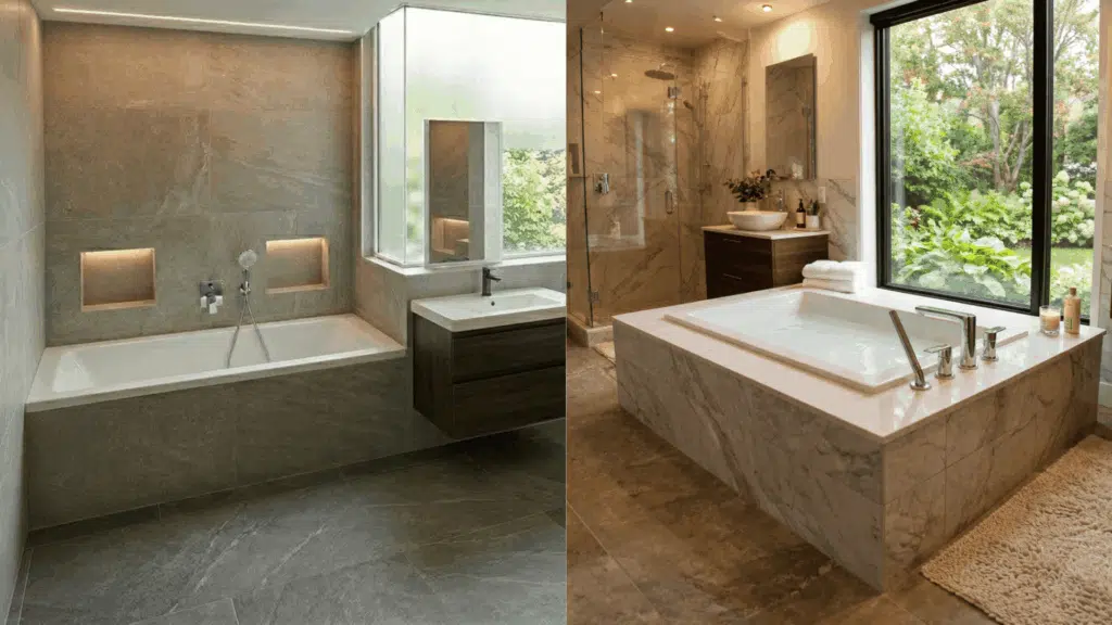 side-by-side bathroom design with alcove tub and luxury drop-in bathtub.