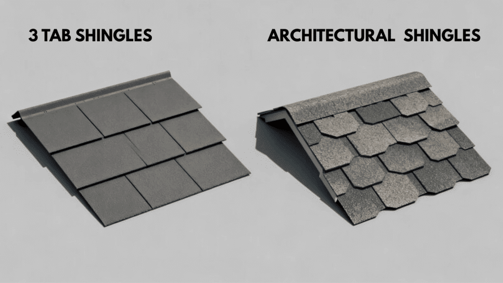 side-by-side comparison of 3-tab shingles (left) and architectural shingles (right)