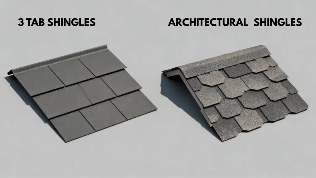 side-by-side comparison of 3-tab shingles (left) and architectural shingles (right)