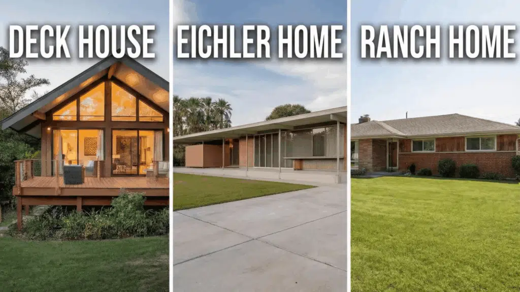 side-by-side comparison of a deck house, an Eichler home, and a single-story ranch home