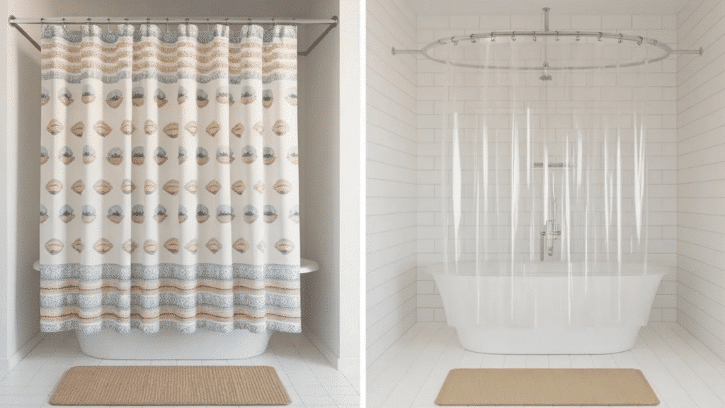 side by side comparison of a decorative fabric shower curtain on a straight rod and a clear waterproof shower liner hanging inside a bathtub