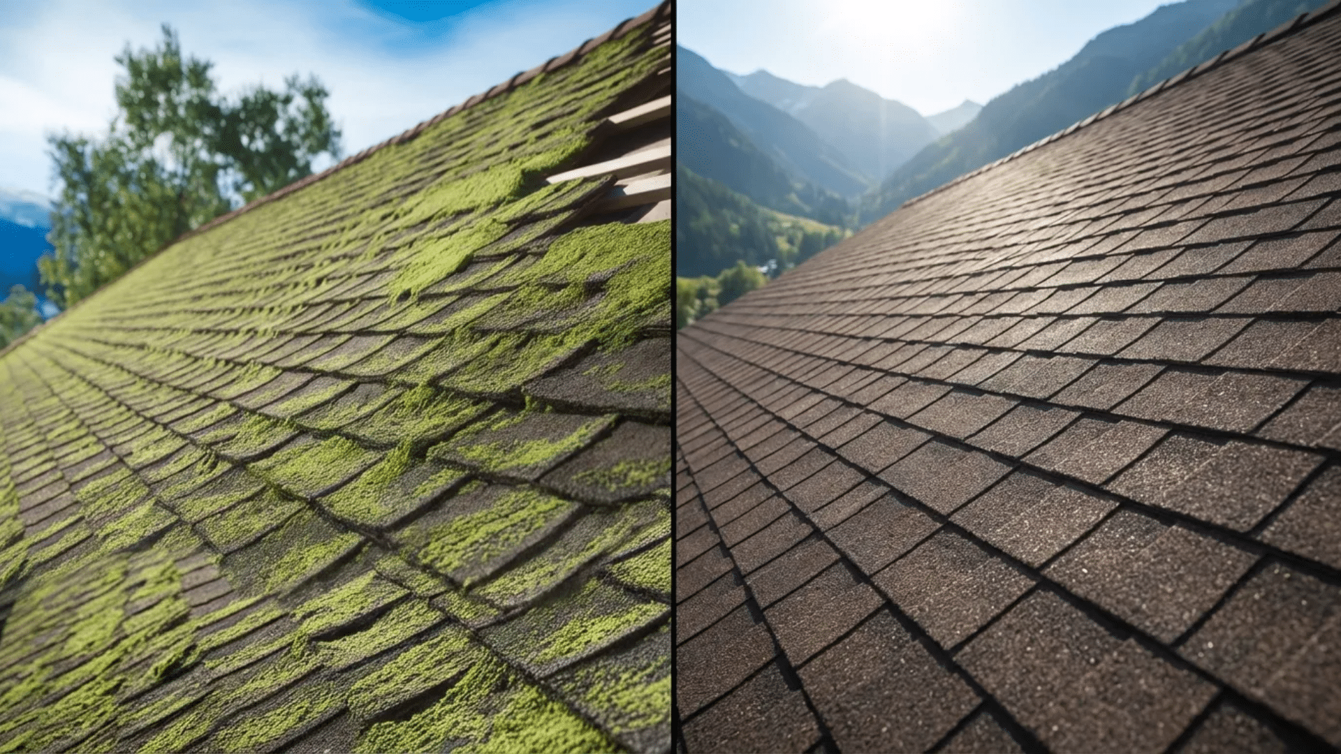 side by side comparison of a moss covered roof and a clean moss free roof after removal (1)