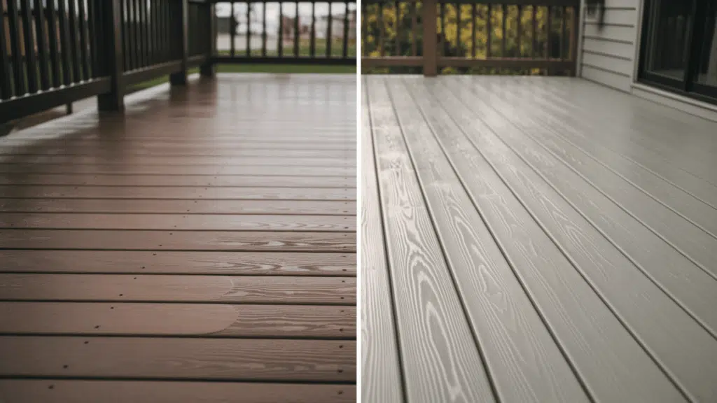 side-by-side comparison of professionally painted deck and DIY deck finish showing difference in smoothness and coverage