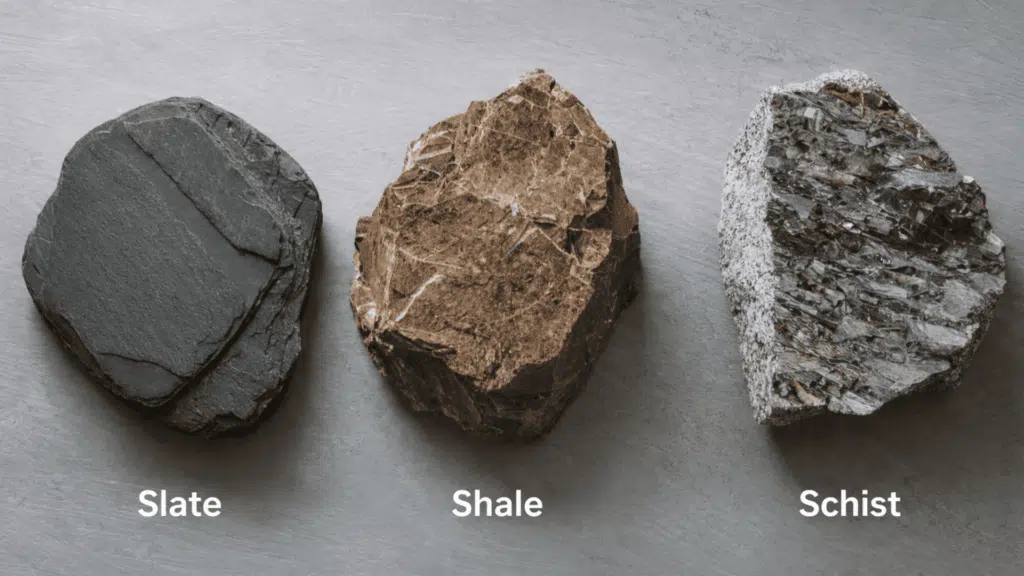 side-by-side comparison of slate, shale, and schist rock samples showing distinct textures, colors, and surface differences