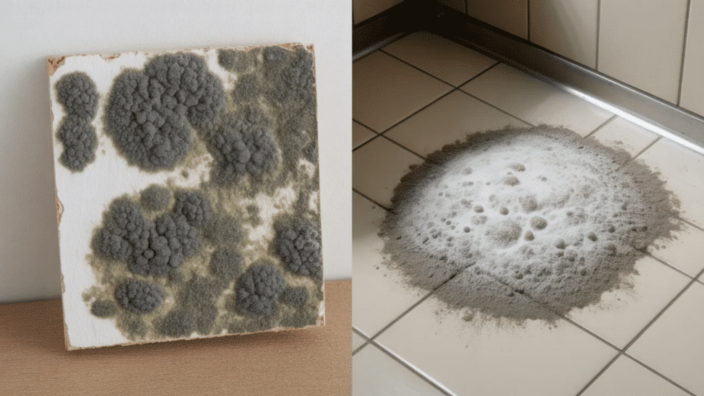 side by side comparison showing dark, textured mold growth on a white board and a lighter, powdery mildew patch spreading across tiled flooring near a cabinet