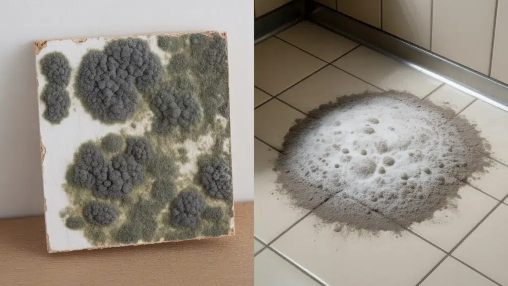 side by side comparison showing dark, textured mold growth on a white board and a lighter, powdery mildew patch spreading across tiled flooring near a cabinet