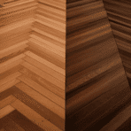 side by side floor comparison showing herringbone pattern on the left and chevron pattern on the right in warm wood tones