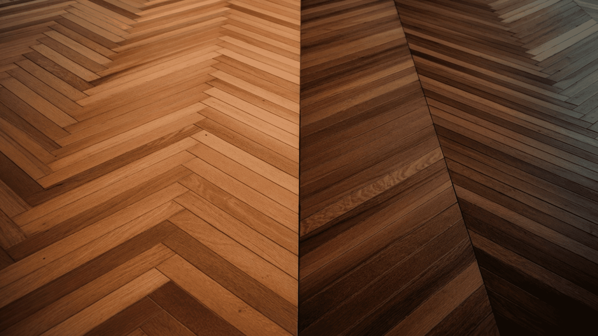 side by side floor comparison showing herringbone pattern on the left and chevron pattern on the right in warm wood tones