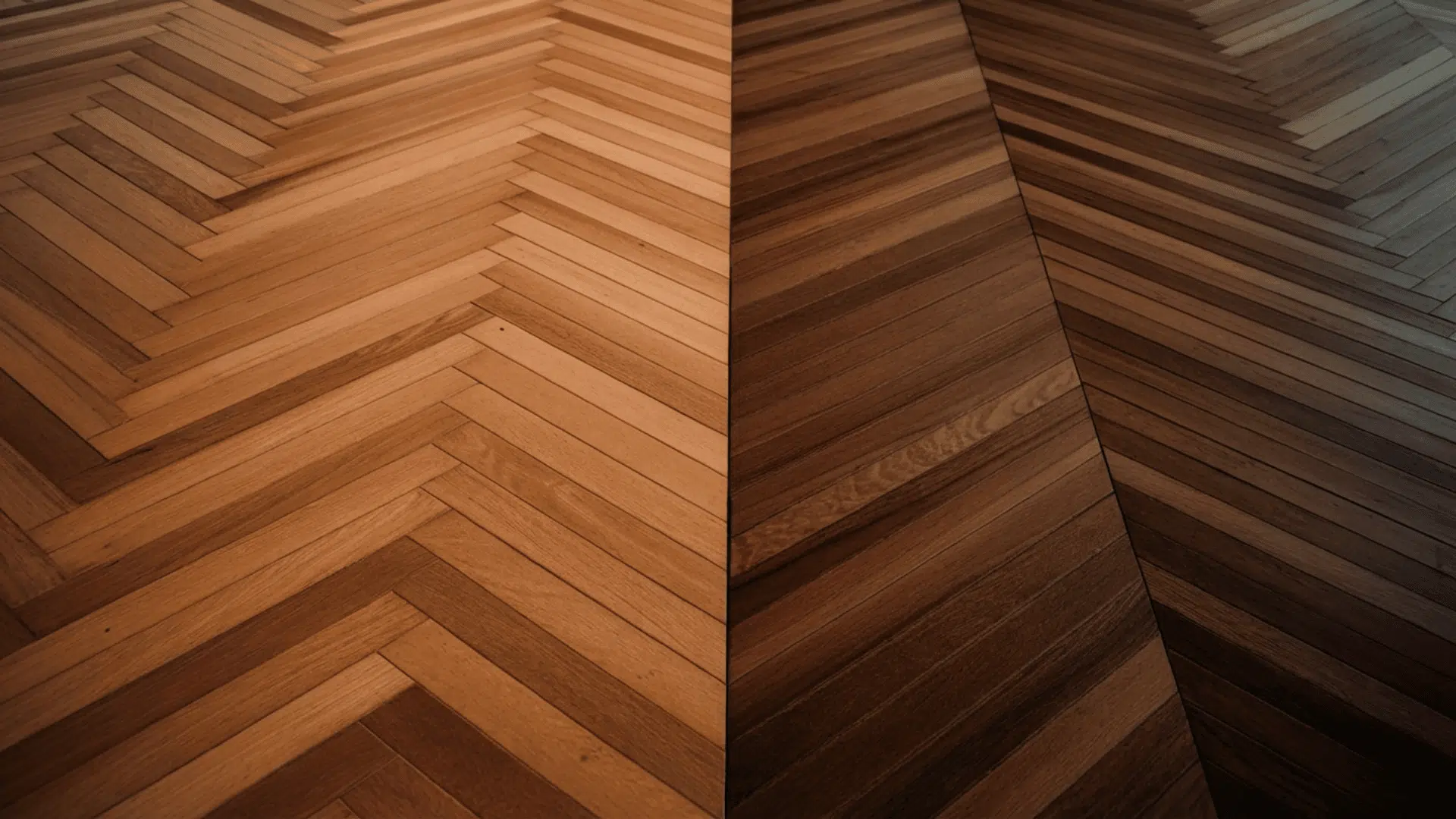 side by side floor comparison showing herringbone pattern on the left and chevron pattern on the right in warm wood tones