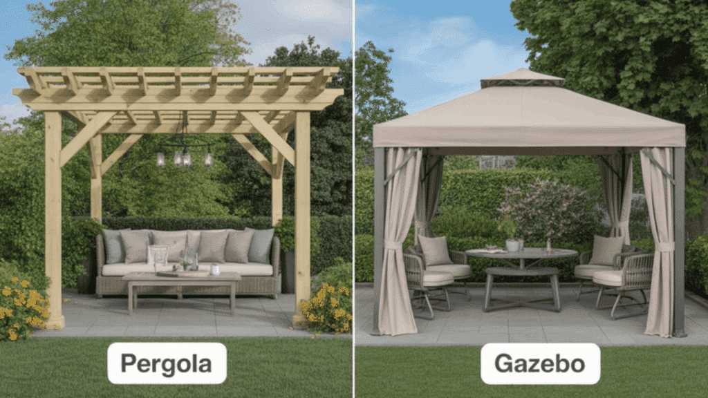 side-by-side pergola and gazebo comparison, labeled 'Pergola' and 'Gazebo', front elevation views, scale human figure for size reference