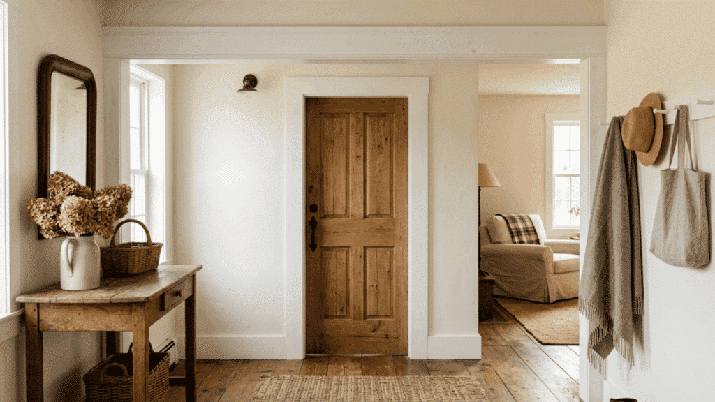 simple farmhouse door casing with wide white trim and rustic wooden door in a cozy home interior