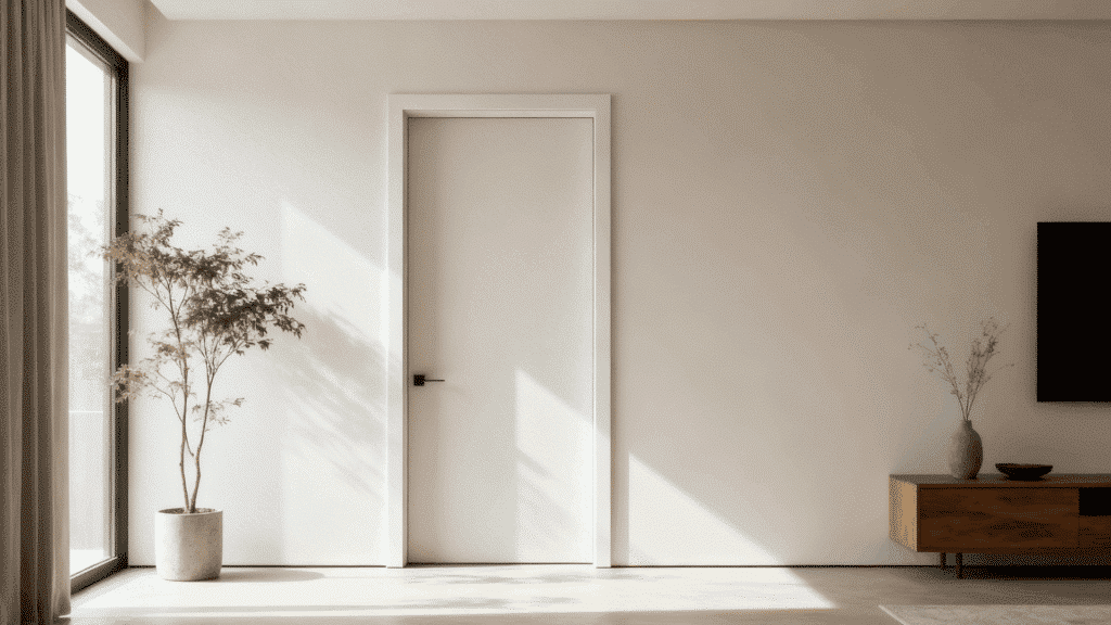 simple flat door casing with clean lines in a modern minimalist room with neutral tones and natural light