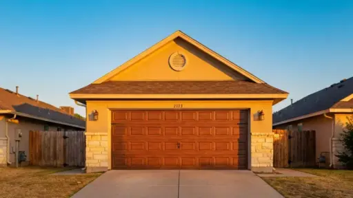 Suburban house with a two-car garage bathed in warm sunset light
