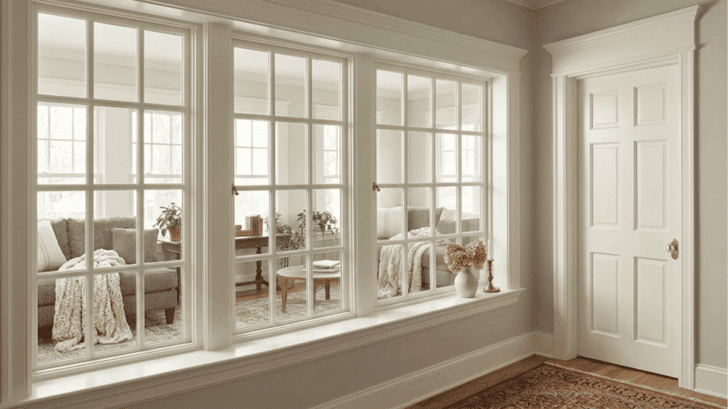 simply white trim on windows and door with soft bright finish in a cozy room with natural light and neutral decor