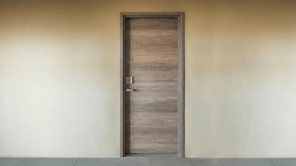 single prehung door with wooden finish and silver lever handle installed in a plain beige interior wall