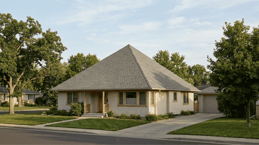 single story house with pyramid hip roof suburban neighborhood with driveway lawn and trees
