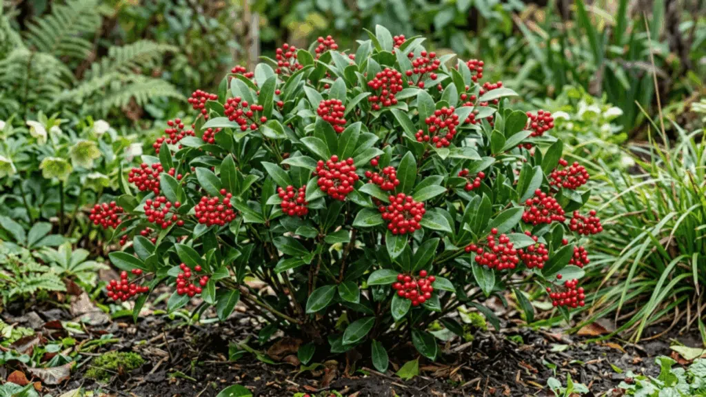 skimmia shrub close up with glossy leaves and red berries compact structure plant fully visible not cut from above with sharp detail