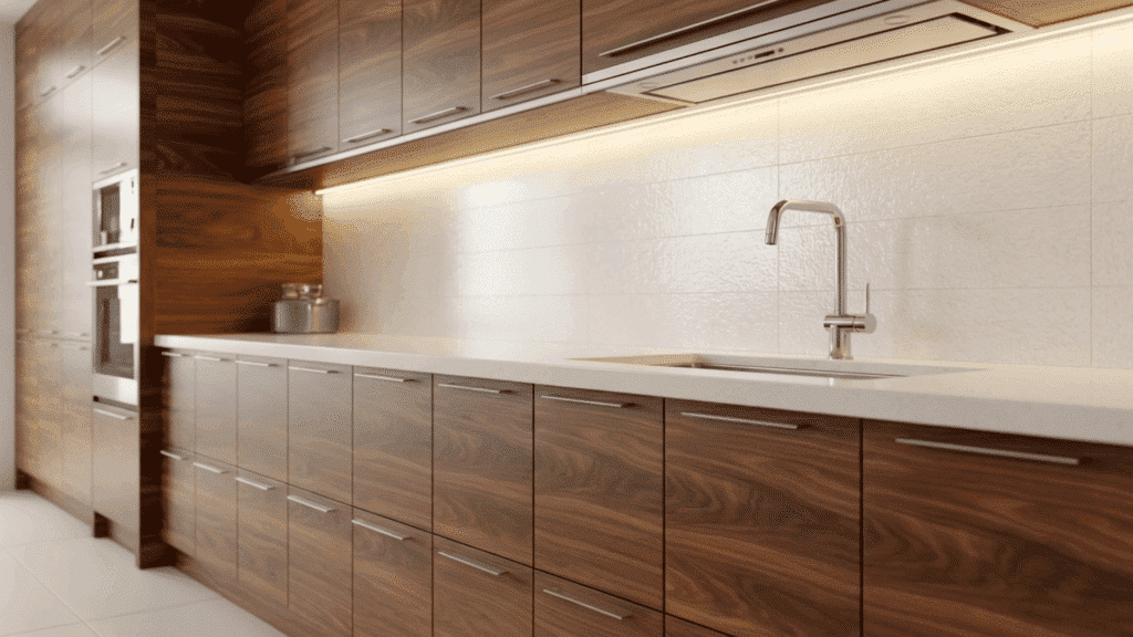 sleek kitchen featuring flat-panel slab doors in wood veneer with a matte finish, offering a modern, warm design