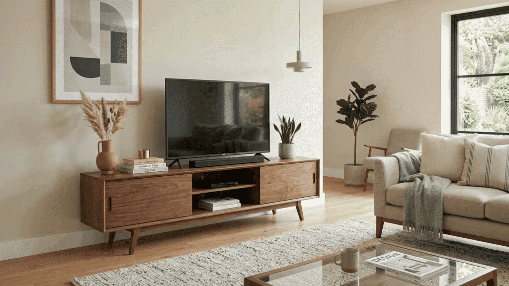 sleek mid century TV unit, low wooden cabinet, minimal decor, clean living room with neutral tones and modern setup