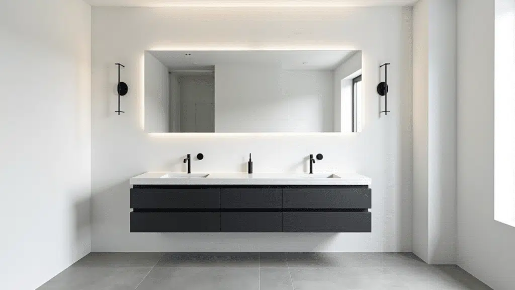 sleek modern bathroom with matte black flat-panel vanity, white quartz countertop and full-width frameless mirror