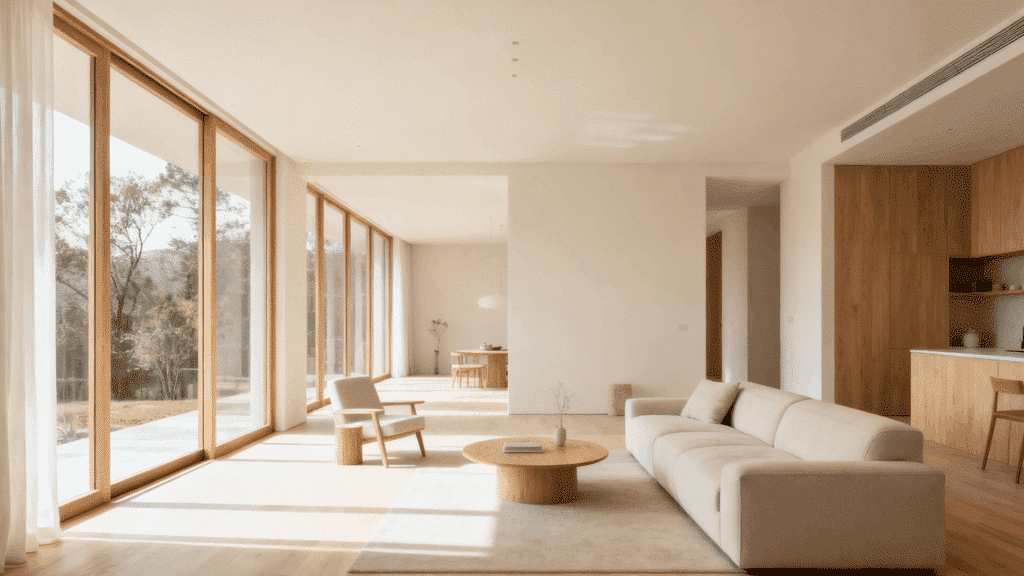 _slim wooden frames, open layout, minimal decor, airy and spacious living room