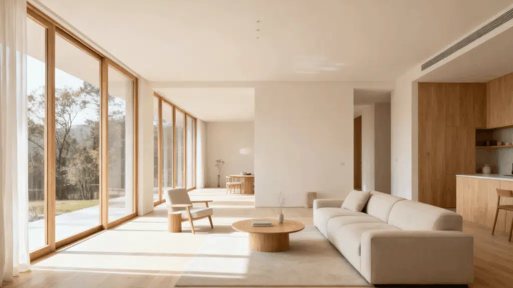 _slim wooden frames, open layout, minimal decor, airy and spacious living room