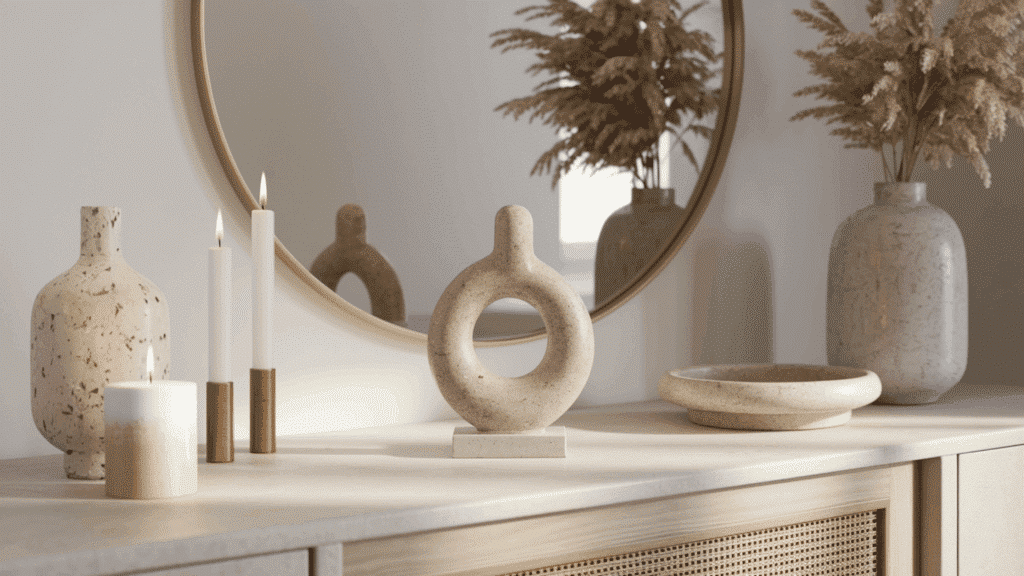 small abstract stone sculpture in an earthy tone placed on a console table surrounded by minimal decorative pieces
