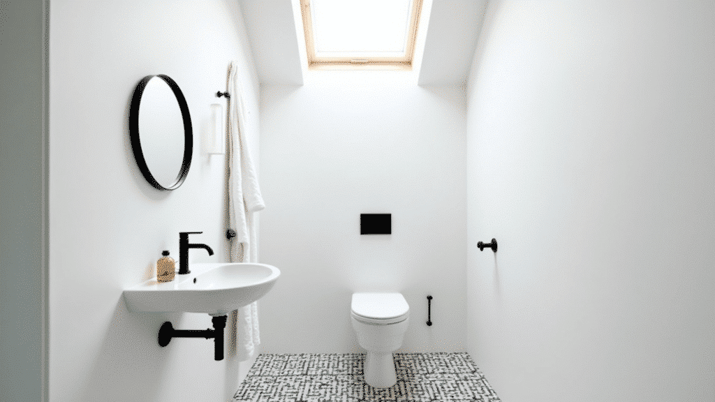 small black and white bathroom with bold geometric floor tile, wall-mounted basin and round black framed mirror