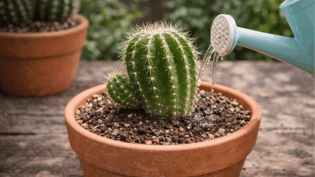 small cactus being lightly watered in a terracotta pot.