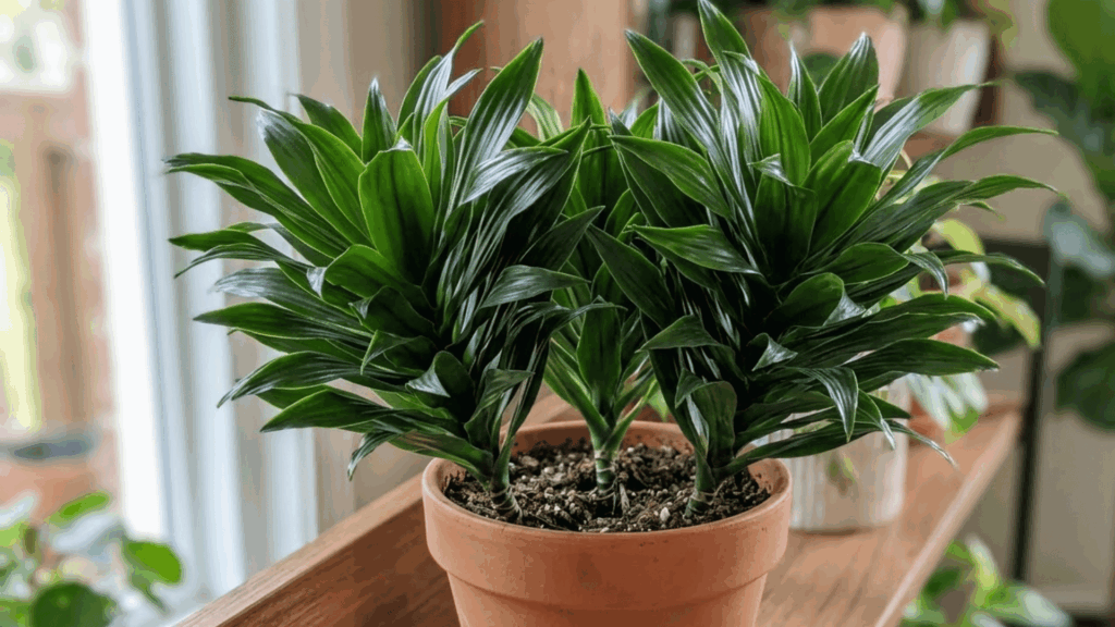 small dracaena plants with dark green glossy leaves growing in a terracotta pot placed on a wooden shelf near a window indoors