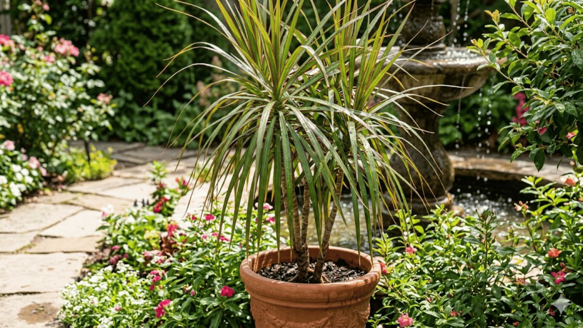 small dracaena plants with dark green potted dracaena plant with long thin leaves placed in a garden surrounded by colorful flowers and a fountain in the backgroundn glossy leaves