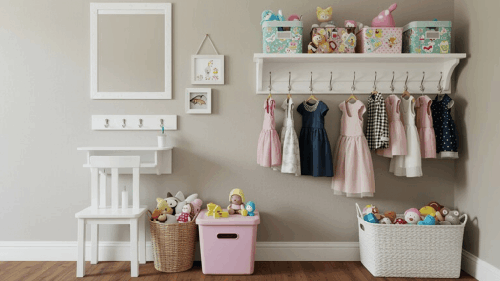 small dress up station with hooks and a mirror