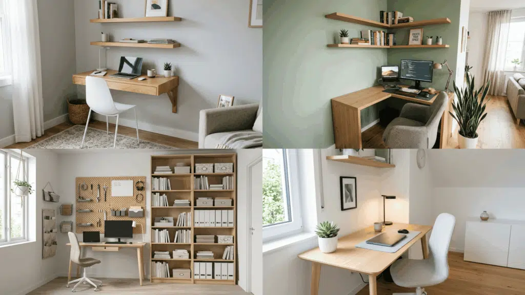 small home office setups with wall-mounted desks, floating shelves, and compact workspace designs.