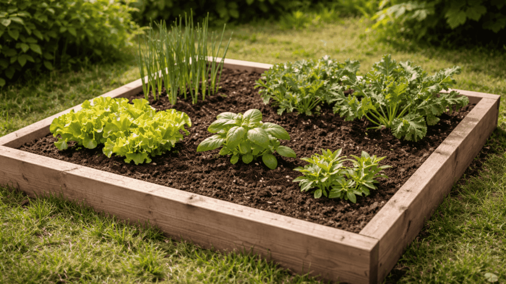 small neatly organised raised garden bed with a few healthy plants showing how starting with a manageable space improves results