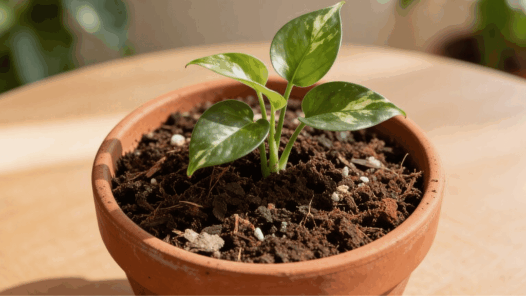 small pothos plant with green variegated leaves in a terracotta pot on a wooden table indoors, natural light