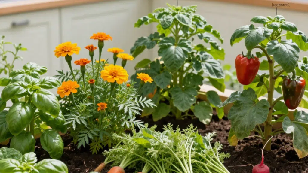 small raised garden bed with carrots, basil, marigolds, and peppers growing together in rich soil